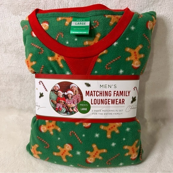 MATCHING FAMILY LOUNGEWEAR Men’s 2 Piece Set Gingerbread Candy Canes Green Large - Picture 1 of 3